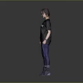 Woman with short hair in black STYLE T shirt blue jeans black boots gray background