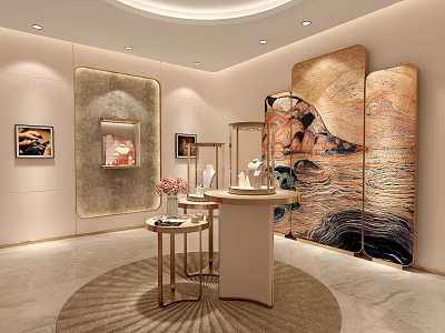 Elegant Jewelry Store Interior With Glass Display Cases Warm Lighting Marble Counters And Art Decor 3d model