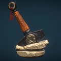 Traditional Weapon Featuring Wooden Handle Ring Red Tassel And Pattern Metal Head On Stones