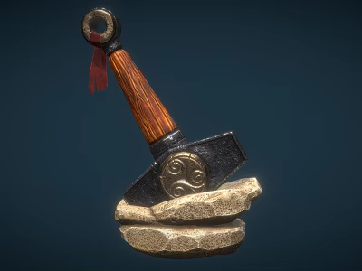 Traditional Weapon Featuring Wooden Handle Ring Red Tassel And Pattern Metal Head On Stones 3d model