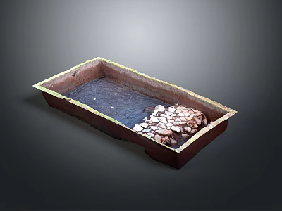 Brown Rectangular Decorative Basin With Water And Pebble Stones As Garden Feature 3d model