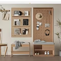 Natural Wooden Bench With Storage Space And Pegboard Wall Decor Items Near Potted Plant