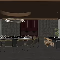 Private Dining Room With Circular Chandelier Stone Walls Dining Table Chairs Wine Rack And Large Windows 3d model