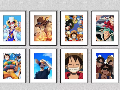 Anime Character Paintings Eight Framed Artworks With Different Characters Expressions And Scenes 3d model