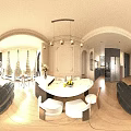 Elegant French Style Living Dining Room With Marble Fireplace Built In Shelves And Vintage Chandelier