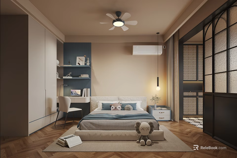 Cozy Kids Room Interior Design With Bed Bookshelf Chair And Stuffed Toy 3d model 