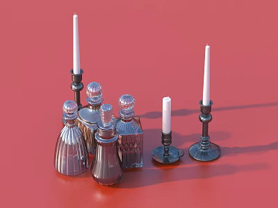 Household Items Collection With Transparent Glass Perfume Bottles Candles And Decorative Holders On Red Background 3d model