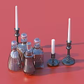 Household Items Collection With Transparent Glass Perfume Bottles Candles And Decorative Holders On Red Background