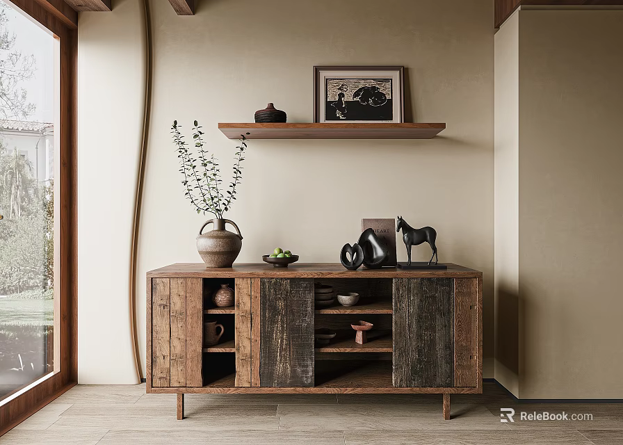 Rustic Wooden Sideboard with Decorative Vase Fruits and Shelf in Cozy Interior 3d model 