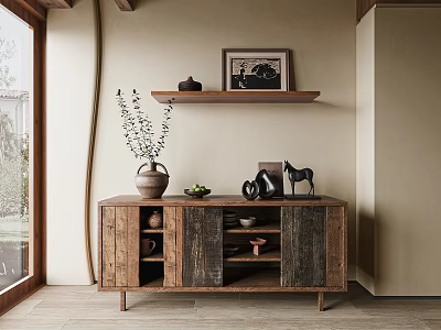 Rustic Wooden Sideboard with Decorative Vase Fruits and Shelf in Cozy Interior 3d model