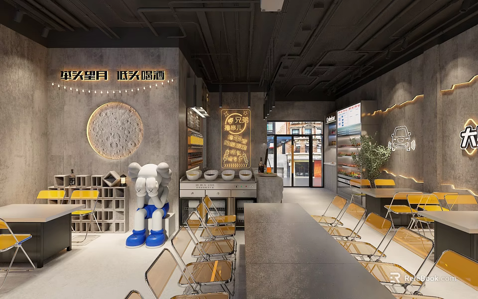 Industrial Style Grill Restaurant With Gray Walls White Sculpture And Yellow Chairs Open Layout 3d model 