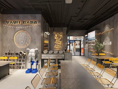Industrial Style Grill Restaurant With Gray Walls White Sculpture And Yellow Chairs Open Layout 3d model