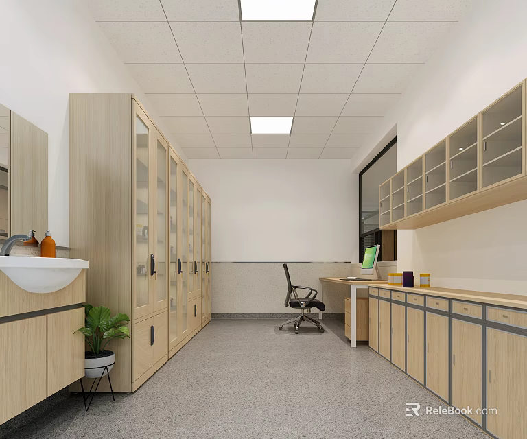 Modern Retail Store Interior With Glass Display Cabinets Counter Green Plant And Computer 3d model 