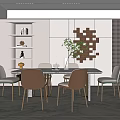 Elegant Modern Restaurant Interior With Dining Table Chairs Wall Decor And Green Plant 3d model