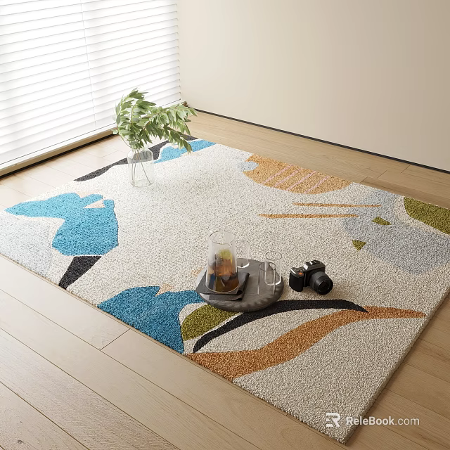 Stylish Square Rug With Colorful Geometric Patterns On Wooden Floor And Potted Plant Decor 3d model 