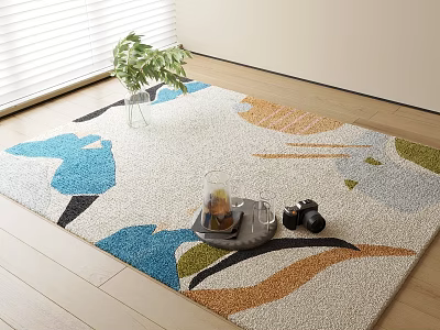 Stylish Square Rug With Colorful Geometric Patterns On Wooden Floor And Potted Plant Decor 3d model
