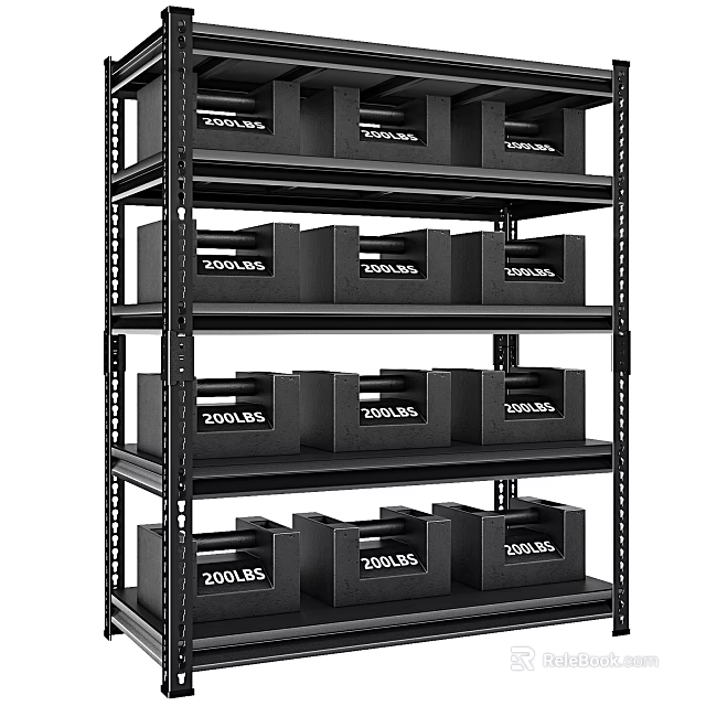 Multi Tiered Black Shelving Unit With Storage Bins And Labels 3d model