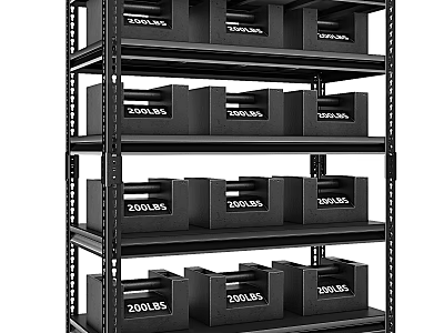 Multi Tiered Black Shelving Unit With Storage Bins And Labels 3d model