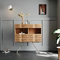 Wooden Sideboard Cabinet With Modern Design Golden Legs And Decorative Items On Gray Wall Background