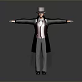 Man Wearing White Top Hat Black Long Coat Red Vest Striped Pants Arms Outstretched