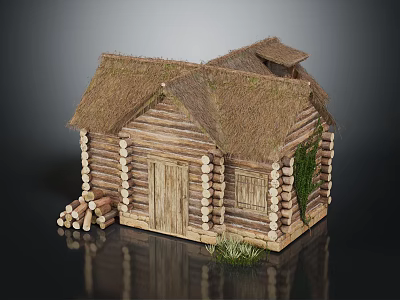 Traditional Log Cabin With Thatched Roof Wooden Logs Stack And Green Plants 3d model