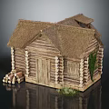 Traditional Log Cabin With Thatched Roof Wooden Logs Stack And Green Plants