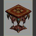 Ornate Square Table With Golden Decorative Pattern And Green Gemstone Accents On Carved Legs