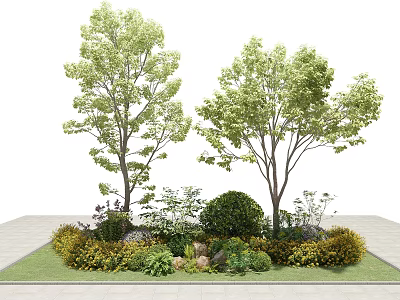 Garden Landscape Featuring Two Tall Trees With Shrubs Green Plants Grass and Stones 3d model