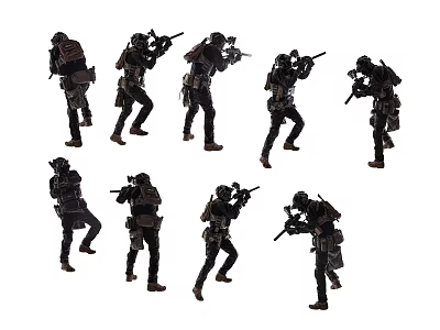 Men in tactical gear holding weapons in various combat action poses 3d model
