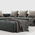 Gray Sectional Sofa With Light Gray Pillows Ottoman And Dark Blanket 3d model