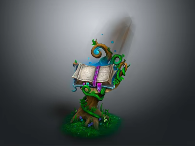 Magical Open Book Wrapped In Vines With Green Grass Blue Light And Bubble Elements 3d model