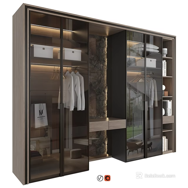 Modern Wooden Dresser with Glass Doors in Closet Featuring Hanging Clothes and Storage Boxes 3d model 
