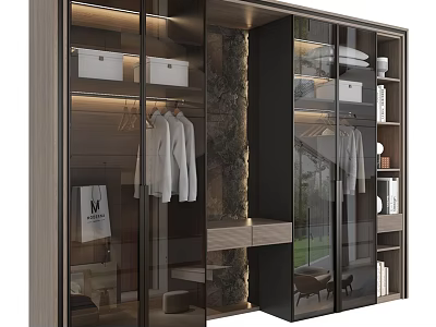Modern Wooden Dresser with Glass Doors in Closet Featuring Hanging Clothes and Storage Boxes 3d model