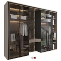 Modern Wooden Dresser with Glass Doors in Closet Featuring Hanging Clothes and Storage Boxes