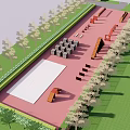 Outdoor Playground Area With Pink Floor Colorful Structures Green Fence And Trees