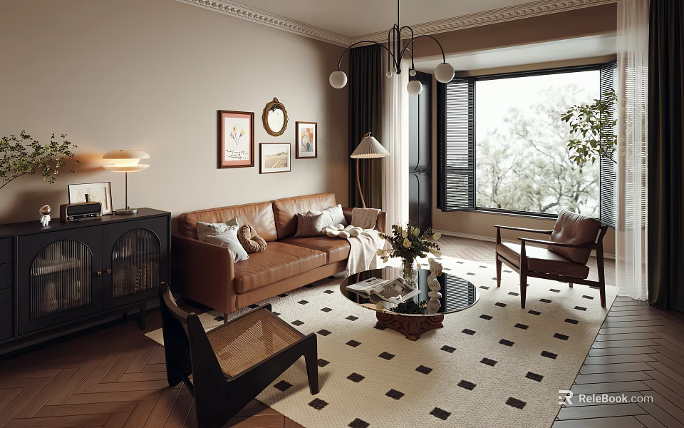 Stylish Living Room Interior With Brown Sofa Black Cabinet Checkered Rug And Large Window 3d model 