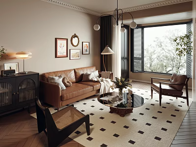 Stylish Living Room Interior With Brown Sofa Black Cabinet Checkered Rug And Large Window 3d model