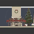 Cartoon Christmas Dining Room Scene With Tree Fireplace And Decorated Table