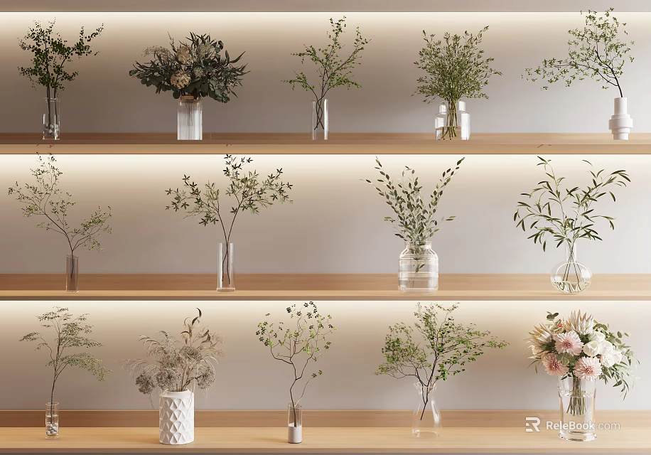 Decorative Vases With Flowers On Wooden Shelves Featuring Green Leaves And Pink Blooms 3d model 