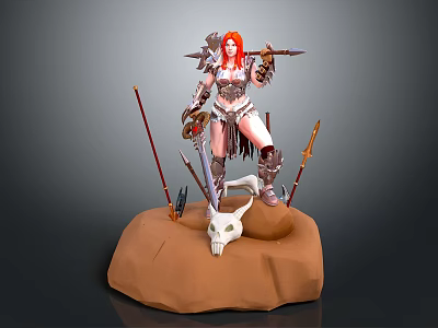 Warrior Woman with Red Hair in Armor Standing on Pedestal With Skull and Weapons 3d model