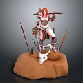 Warrior Woman with Red Hair in Armor Standing on Pedestal With Skull and Weapons