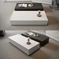 Modern Rectangular Black And White Coffee Table With Glass Sand Timer And Papers On Carpet 3d model