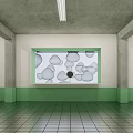 School Science Classroom With Wooden Tables Stools Interactive Screens And Charts On Walls