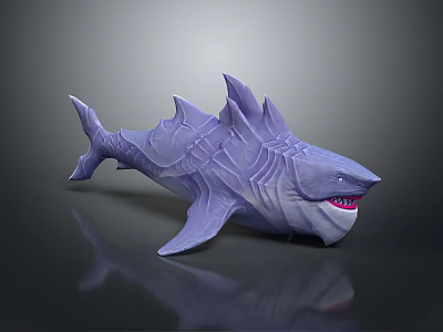Purple Shark With Spiked Fins Textured Skin Open Mouth Sharp Teeth And Dark Background Reflection 3d model