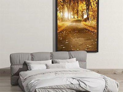 Modern Double Bed with Gray Headboard and White Bedding in Bedroom Featuring Autumn Forest Painting 3d model