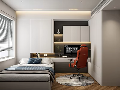 Modern Tatami Bedroom Interior With White Cabinets Desk Red Gaming Chair And Window Rug 3d model