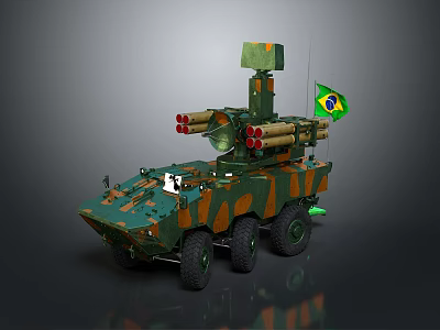 Camouflaged Brazilian Armored Military Vehicle With Six Wheel Missile Launcher And Flag 3d model