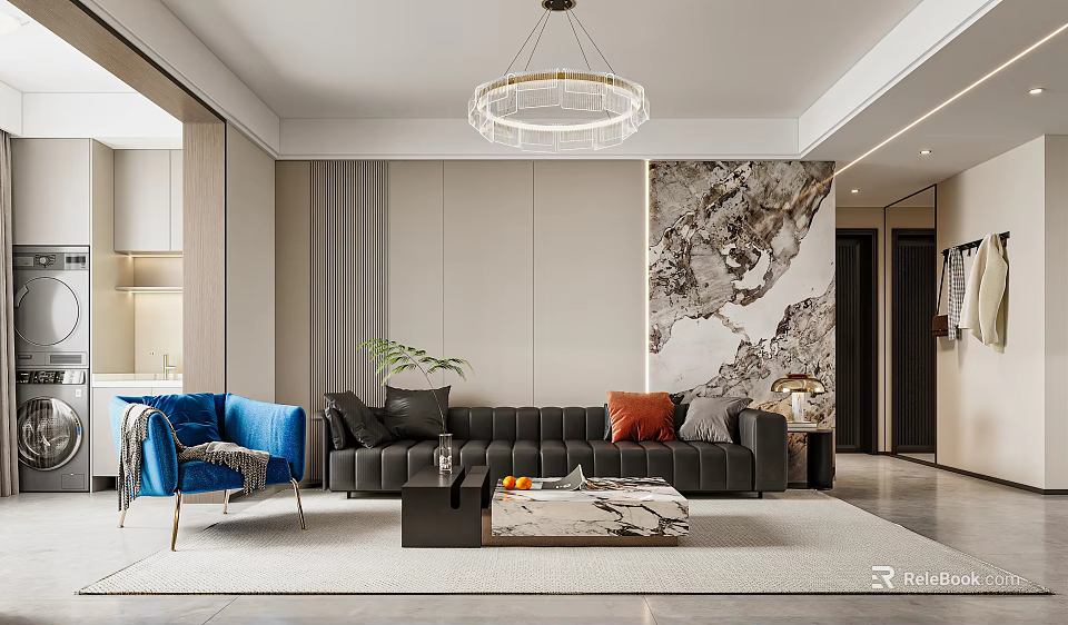 Modern Living Room Interior Design With Gray Sofa And Marble Accent Wall And Crystal Chandelier 3d model 