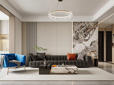 Modern Living Room Interior Design With Gray Sofa And Marble Accent Wall And Crystal Chandelier 3d model