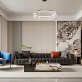 Modern Living Room Interior Design With Gray Sofa And Marble Accent Wall And Crystal Chandelier